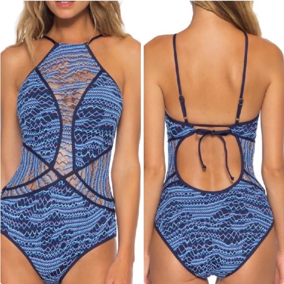 BECCA Other - Becca Aurora Blue Crochet High Neck One Piece Swimsuit